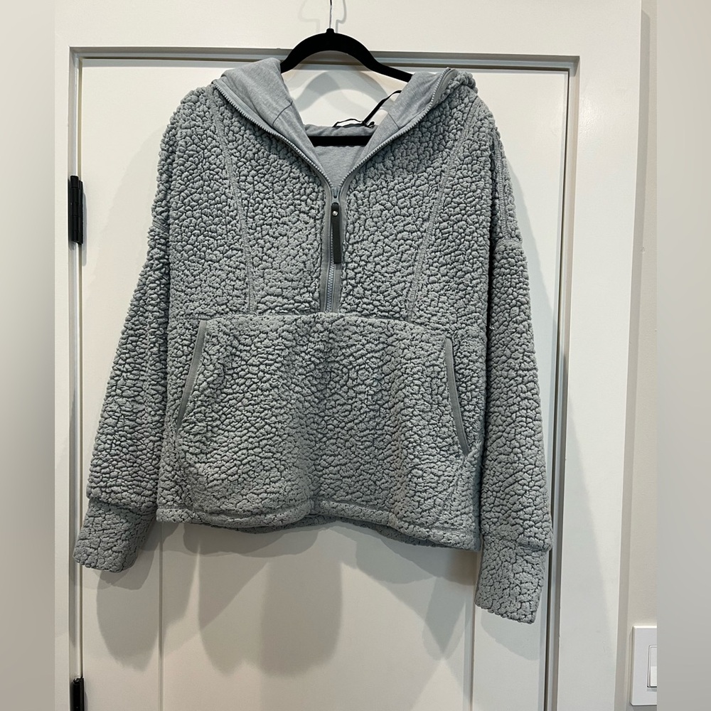 cute fuzzy grey hoodie half zip